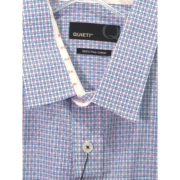 NWT Quieti Men's Large Button-Down Shirt Blue & Purple Checkered Pattern 100% Fi - Picture 3 of 12